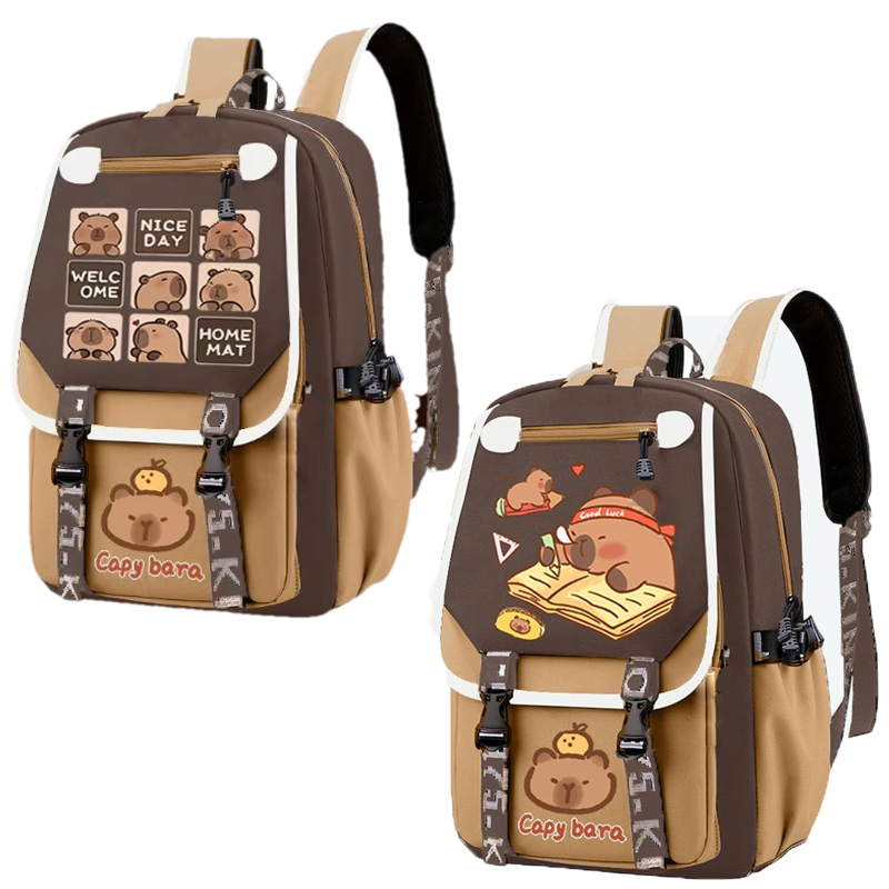 Kawaii Capybara Stylish Khaki  - School Backpack Teen 리뷰 및 가격